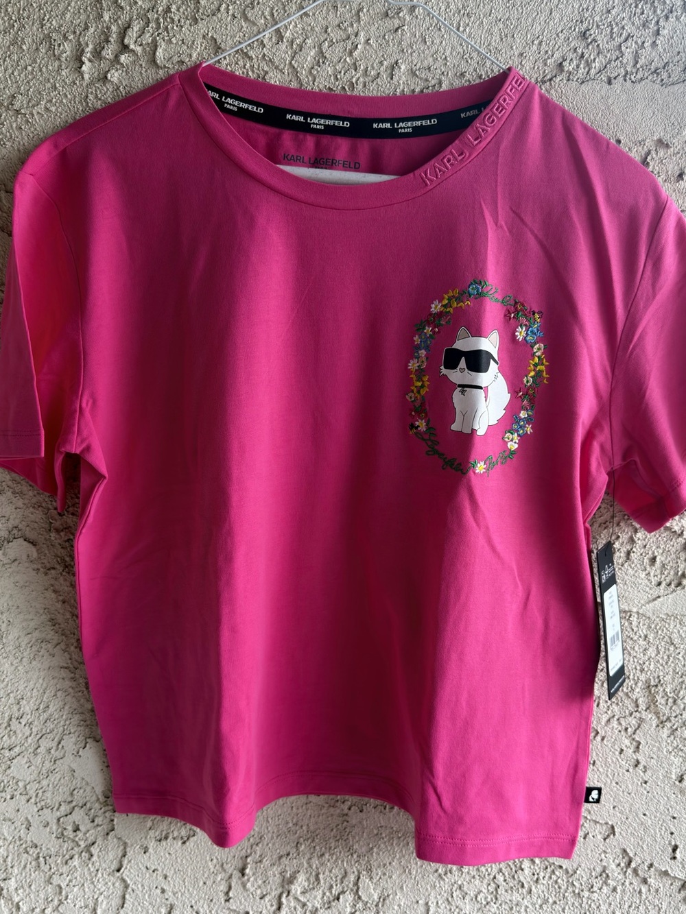 Karl Lagerfeld Hot Pink Short Sleeve Tee with Sunglasses Kitten Graphic